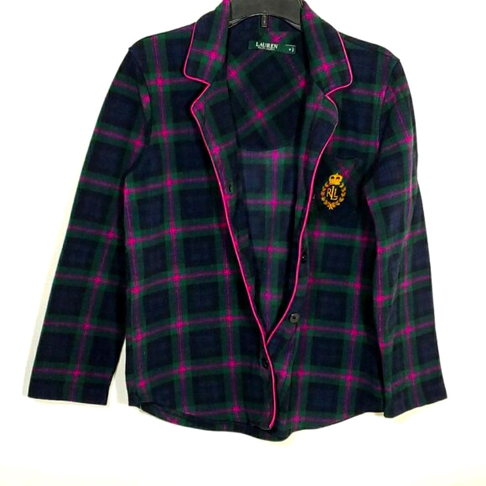 Ralph Lauren Womens Green Plaid Animal Print Button Flannel Cozy Top Size M